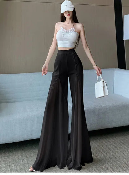 White mesh fishtail flared pants women summer thin design high waist hanging feeling elegant chiffon wide leg casual pants