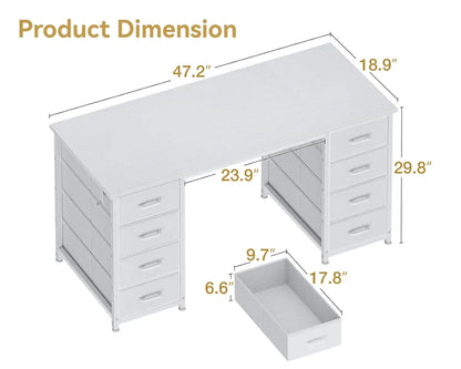 48 Inch White Computer Desk with 8 Fabric Drawers, Modern Office Desk with Large Storage for Home Office, Study,, Customized