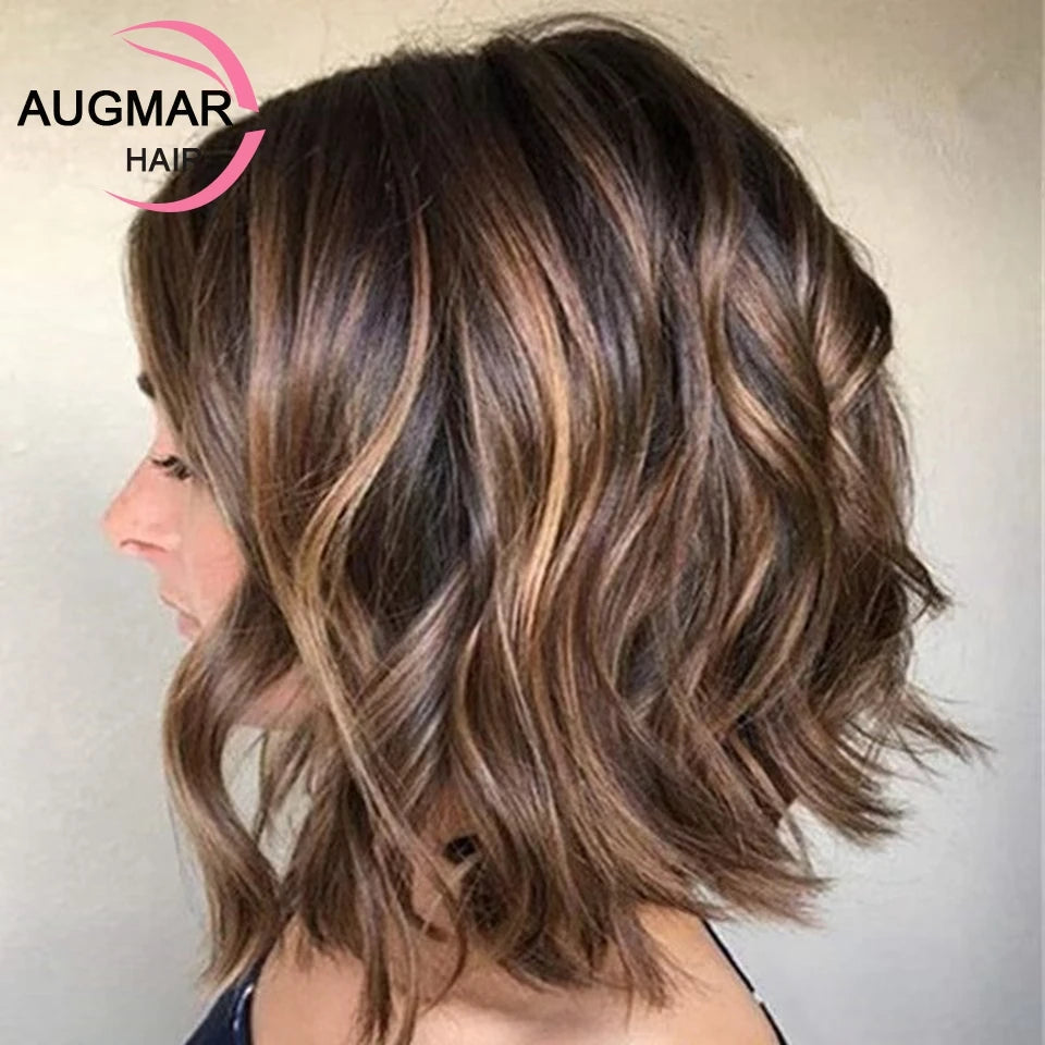 Short Wavy Blonde Highlight Wig Human Hair Wigs Ombre 13x4 Brown Lace Front Wig Brazilian Full Lace Wig 13x6 HD Lace Frontal Wig