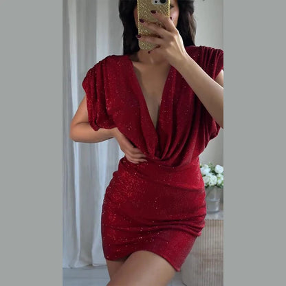Chic Sequin V-neck Dress Women Sexy Sleeveless Pleated Waist-cinched Empire Dresses Elegant Party Spring New Lady Gown 2026