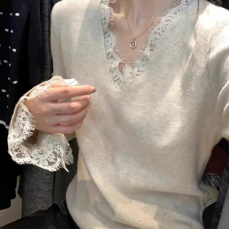 Matakawa Lace Ruffles Woman Sweaters V Neck Autumn Winter Flare Sleeve Solid Pullovers Korean Fashion Elegant Pull Femme