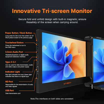 GTMEDIA 11.6Inch Portable Monitor 1920*1080 IPS FHD Triple Dual Extender Screen Full View Fold Display For 13.0-17.3Inch Laptops