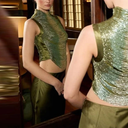Elegant Tassel Crop Tops Satin Mermaid Skirt Sets Women Sleeveless Slim O-neck Vest Hip Package Skirts 2026 Summer Party Outfit