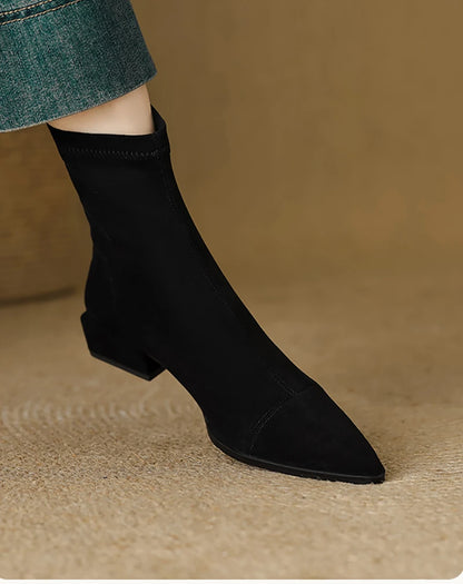 Autumn Vintage Suede Women Ankle Boots Ladies Concise Pointed Toe Thick Heel Short Botas Zapatos De Mujer