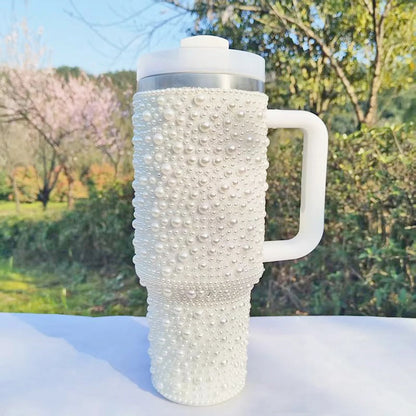 40oz Stainless Steel Vacuum Insulated Tumbler with Rhinestone Handle - Glittery Rhinestone Design