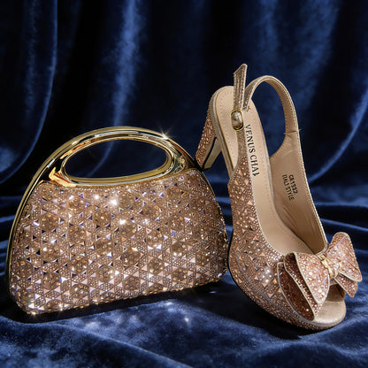 Venus Chan 2026 Women’s Italian Gold High Heels with Rhinestone Detail & Matching Bag Set - Stylish Pointed Toe Design