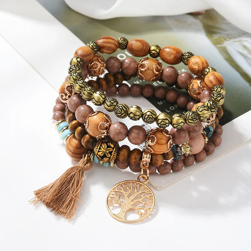 4Pcs Bohemia Tree Of Life Charm Beaded Bracelet Set For Women Handmade Wood Beads Chain Bangle Female Boho Jewelry