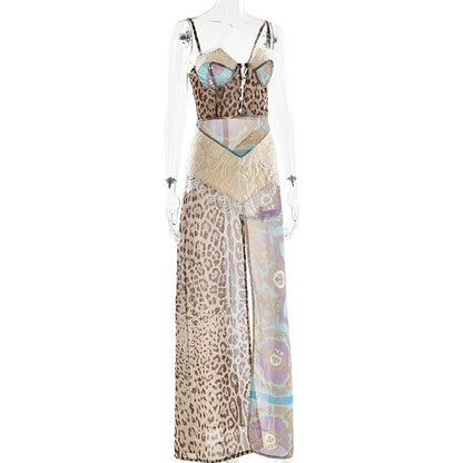 Leopard Printed Patchwork Lace Dress Women's Irregular See Though Button Sling Vestidos Sexy Summer Beach Party Gowns New
