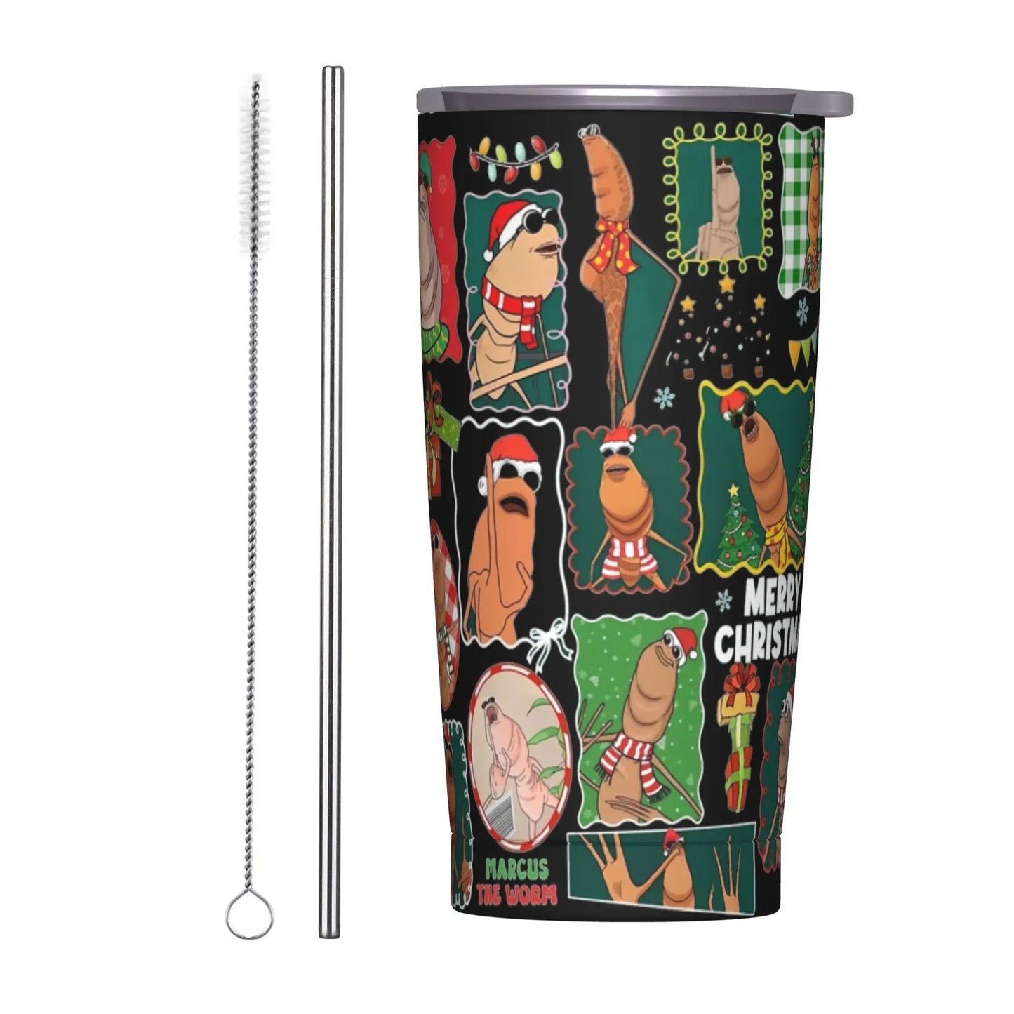 Marcus The Worm Christmas Meme  Tumbler With Straw  Stainless Steel Travel Mugs Double Wall Vacuum Insulated