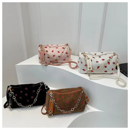 Women Small Underarm Bag Corduroy Handbag Cute Strawberry Print Little Tote Half Moon Design Eco Cloth Purse Mini Shoulder Bags
