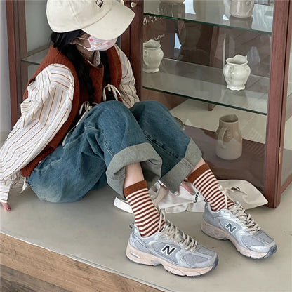 Korean Simple Colored Striped Cotton Socks Women’s Autumn Winter Breathable Middle Tube Socks College Style Trendy Casual Socks