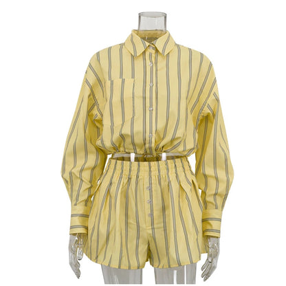 Women's Striped 2 Piece-Set Casual Lapel Long Sleeve Lace-Up Cropped T-Shirt High Waist Shorts 2026 Spring Lady Fashion Outfit