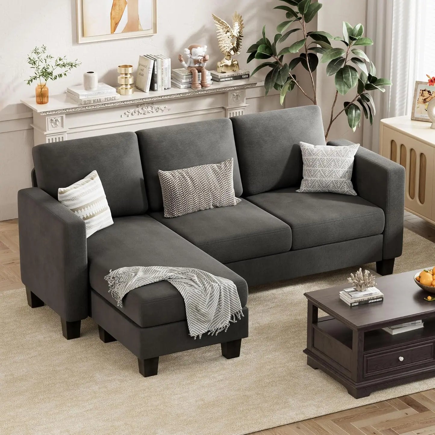 Sofa Couch, 3 Seat L-Shaped Sofa with Linen Fabric Ottoman Small Couch for Small Apartments, Living Room and Office (Dark Gray)