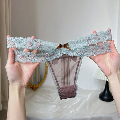 Women's thong  Lace Low Waist G-String Women Panties Mesh Bow Female Ladies Briefs Breathable Underwears Intimates Lace border o