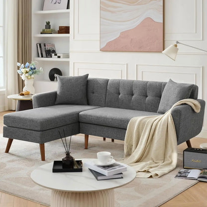 L Shaped Couch Sofa, 80" W Mid-Century Modern Sectional Couches, 3 Seater Sofas with Wide Chaise Lounge, Button, Customized