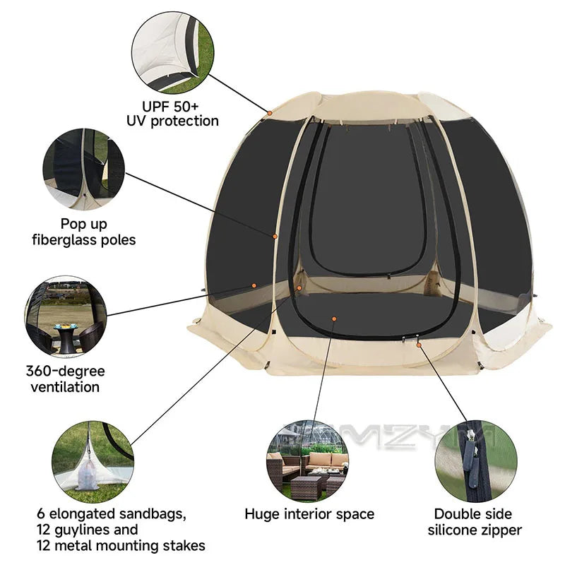 Pop Up Panoramic Mesh Tent Large Full View Mesh Tent for Backyard Patio Camping Picnic Beach Bug Proof High Ventilation