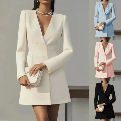 Women's Fashion Solid Button Blazer Short Dresses Autumn Winter Sexy V-neck Party Dress  Office Ladies Long Sleeve Slim Dress