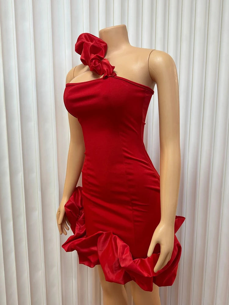 Womens Red Evening Dress Sexy One Shoulder Party Wear Strapless Red Dress Skinny Summer Ruffle Hem Dress Wholesale Dropshipping