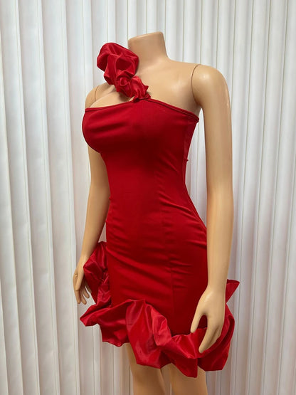 Womens Red Evening Dress Sexy One Shoulder Party Wear Strapless Red Dress Skinny Summer Ruffle Hem Dress Wholesale Dropshipping