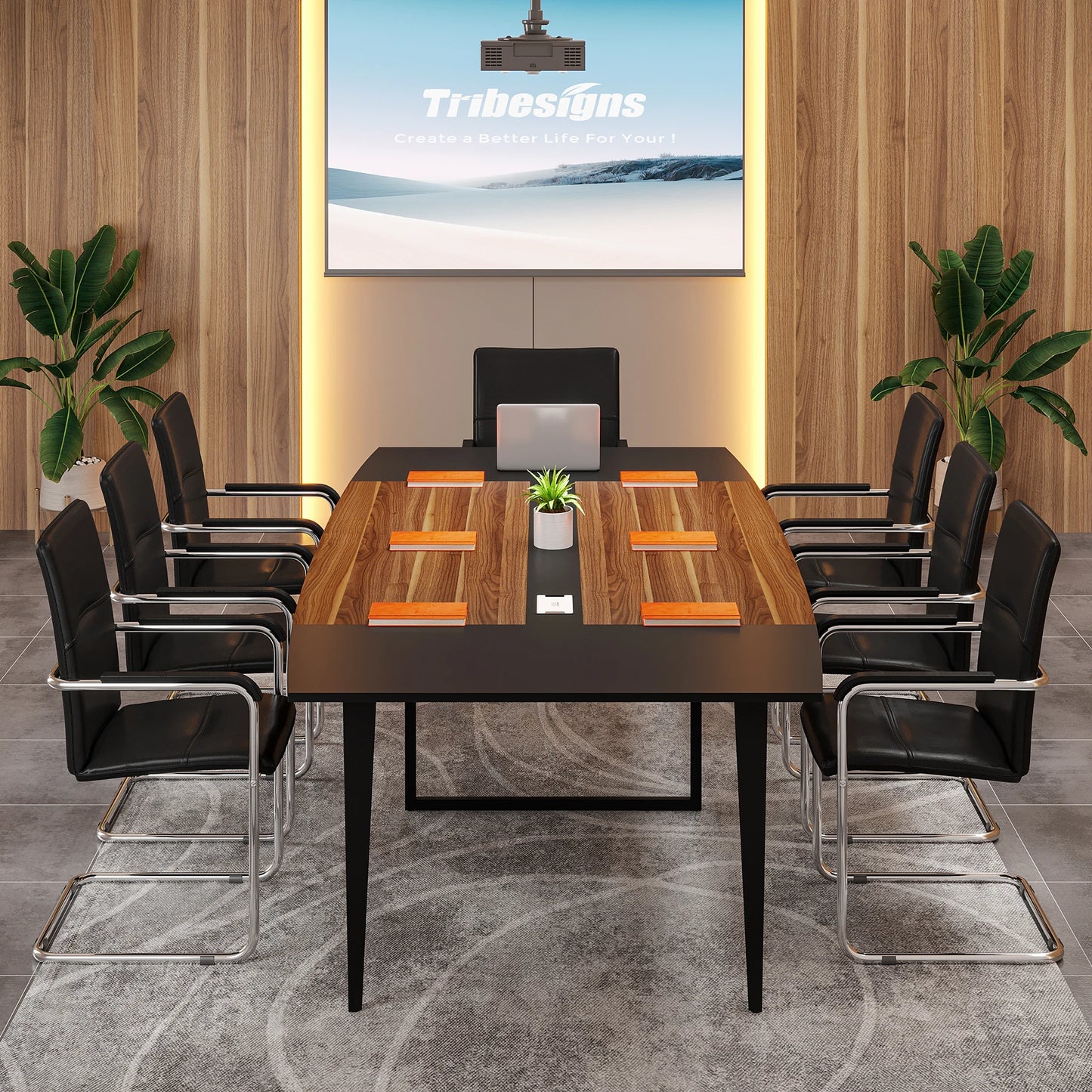 Tribesigns 8FT Conference Table, 94.48L x 47.24W x 29.52H Inches Boat Shaped Meeting Table with Rectangle Grommet