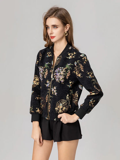 Luxury Beaded Black Jacquard Bomber Jacket Women Vintage Stand Collar Baseball Coat Elegant Embroidered Rhinestone Outerwear