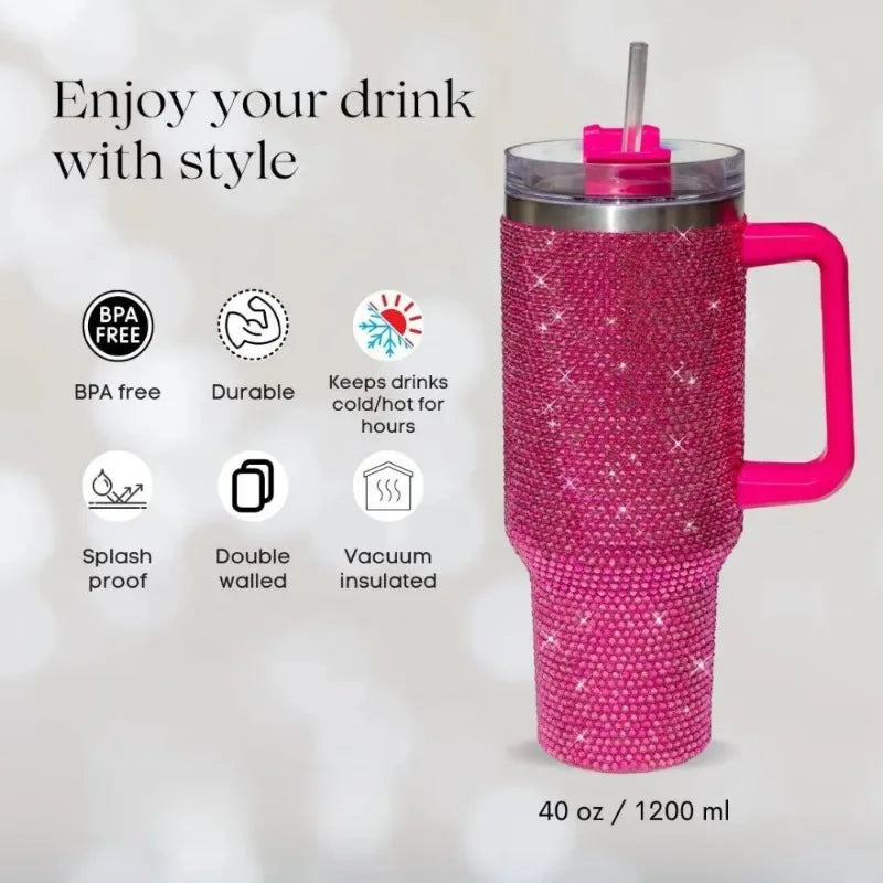 40oz Rhinestone Tumbler Stainless Steel Straw Women Cup Shiny Diamond Travel Car Thermoses Coffee Mug Water Bottle Drinkware