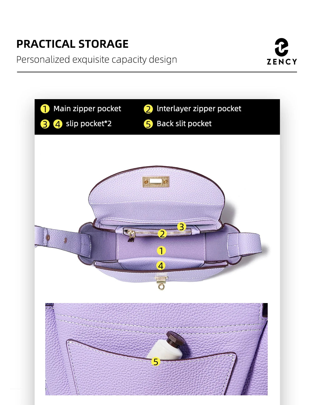 Zency Luxury Genuine Leather Tote Bag For Women Elegant High End Bag Shoulder Crossbody Handbag Top Handle Bags Noble Purple Bag