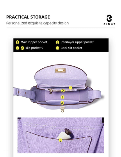 Zency Luxury Genuine Leather Tote Bag For Women Elegant High End Bag Shoulder Crossbody Handbag Top Handle Bags Noble Purple Bag