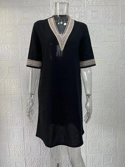 New solid color V-neck mid-sleeved elegant dress