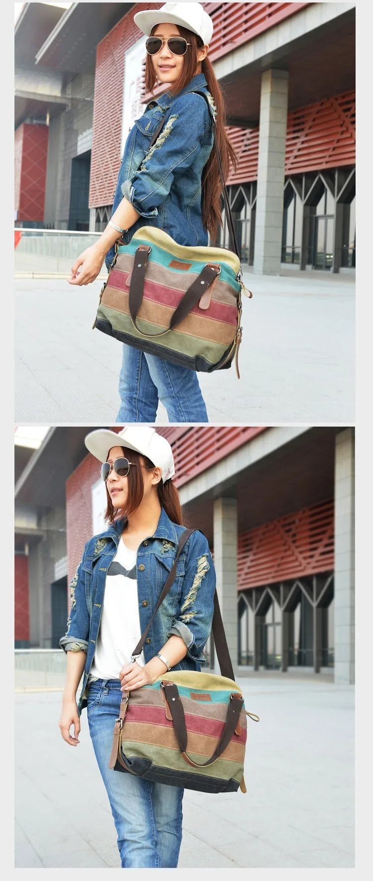 Canvas Totes Striped Womens Handbag 2021 Patchwork Rainbow Shoulder Bag Fashion Female Casual Crossbody Bag Sac A Main
