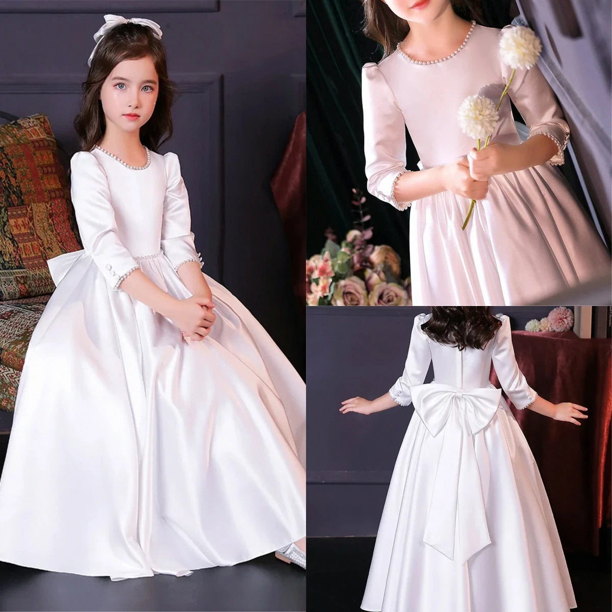 Lovely White Satin Flower Girl Dress for Wedding Dresses Little Princess Bow Kids Birthday Party Evening Customise Gowns