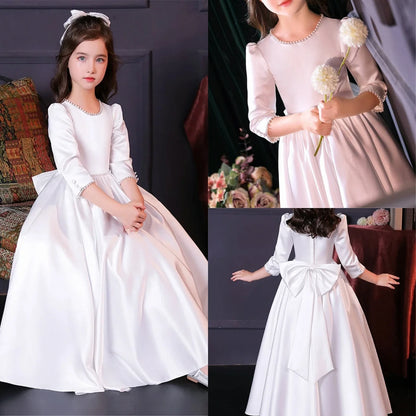 Lovely White Satin Flower Girl Dress for Wedding Dresses Little Princess Bow Kids Birthday Party Evening Customise Gowns