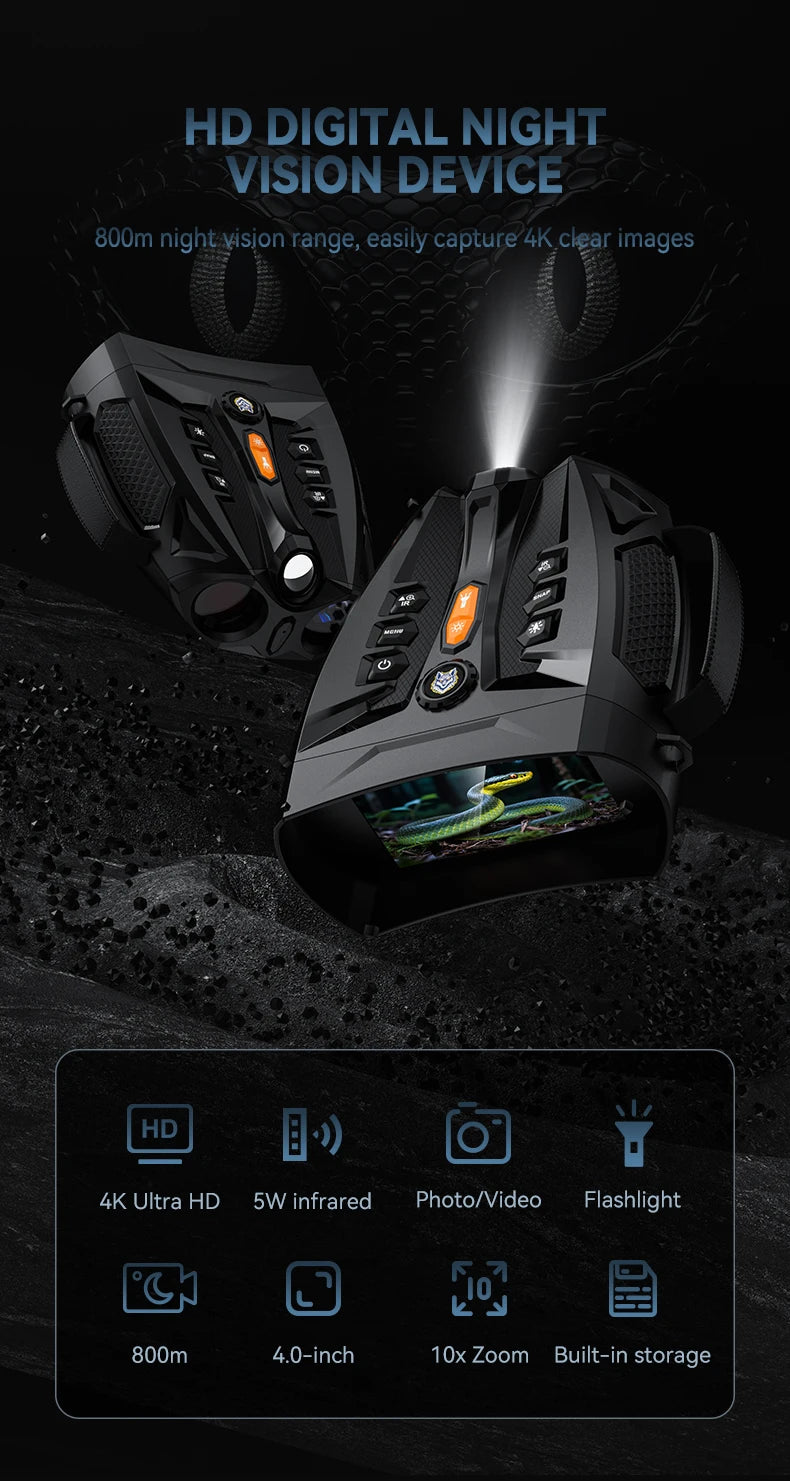 4.0'' Screen 4K Night Vision Binoculars 10X Digital Zoom With Tactical Light 5000mAh Infrared Night Vision Goggles for Camping