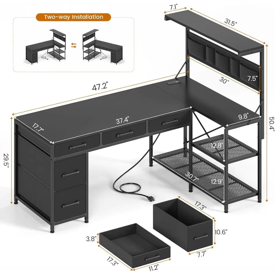 L Shaped Gaming Desk 47.2 Reversible Small Computer Desk with 5 Drawers and Storage Shelves Corner Gaming Desk with LED Lights
