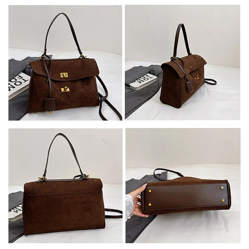 Luxury Brand Women Messenger Bags Soft Leather Brown Suede Hand Held Totes Gold Buckle Women Shoulder Bags Lady Trend Satchel