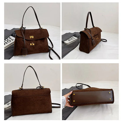Luxury Brand Women Messenger Bags Soft Leather Brown Suede Hand Held Totes Gold Buckle Women Shoulder Bags Lady Trend Satchel