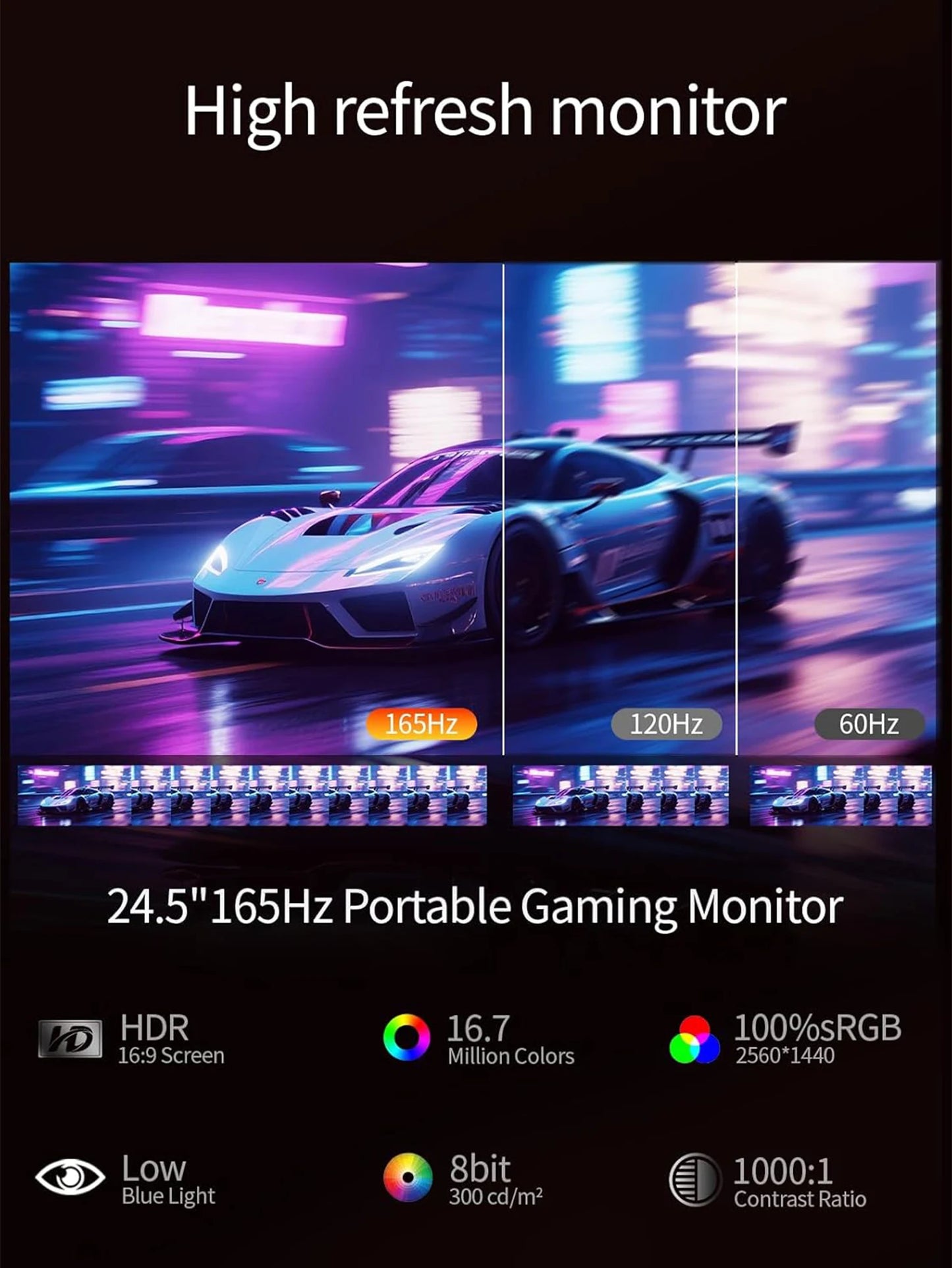 SIBOLAN 24.5 inch Portable Monitor 165Hz 2.5K 100sRGB UHD Large Gaming Screen HDMI USB C VESA Port for Laptop Mini PC Desktop