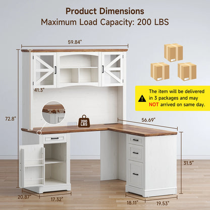 72" L-Shaped Executive Desk with Hutch, Farmhouse Home Office Desk, Wood L Shaped Computer Desks, Withe Computer Workstations