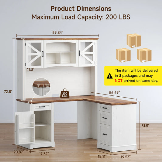 72" L-Shaped Executive Desk with Hutch, Farmhouse Home Office Desk, Wood L Shaped Computer Desks, Withe Computer Workstations