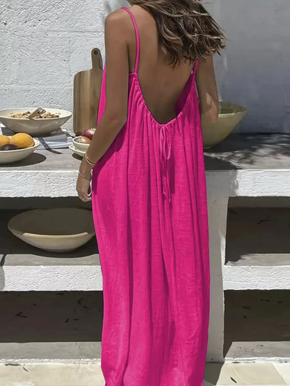 Dress, European & American Vacation Vibe, Ice Silk Wrinkle Cool Feeling, 2026 Summer Solid Color Ruched Backless Slip Short Dres