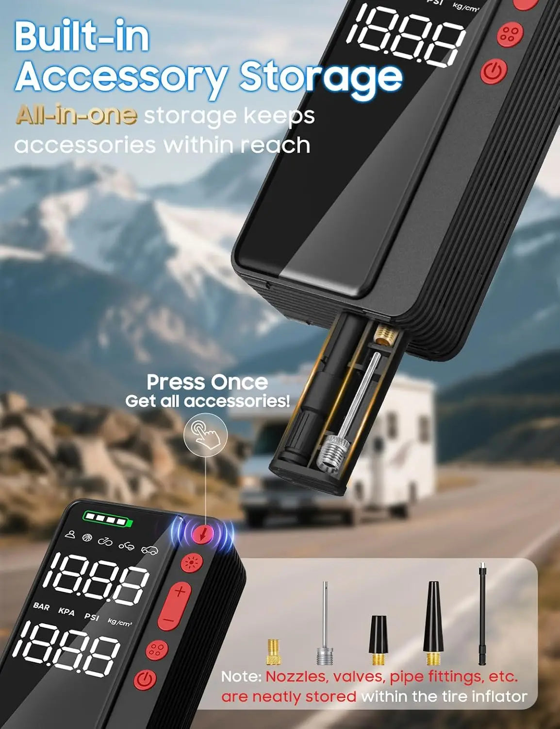Smart Tire Inflator Portable Air Compressor, APP Control for Car Tires, 10000mAh Fast Pump with LED Light & Auto Shut-Off