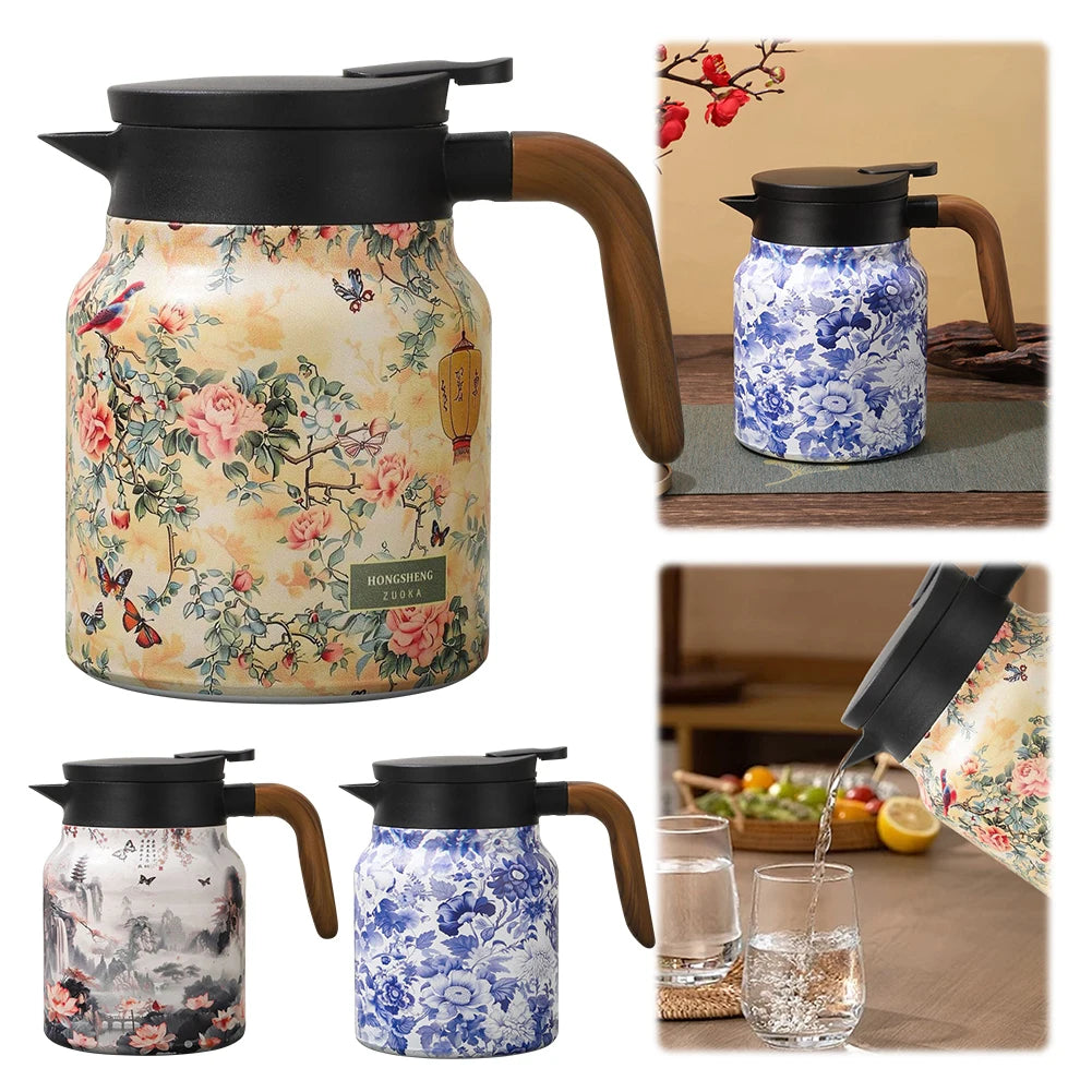 1000ml Vintage Floral Tea Thermos Stainless Steel Tea Kettle Drip-Proof Tea Pot With Tea Infuser Mini Thermo Coffee Pot