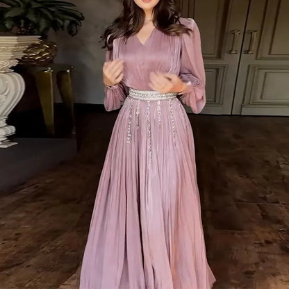 Lady Lantern Sleeve Big Hem Dresses Fashion V-neck Ruffles Gauze Evening Dress Temperament High Waist Solid Color Banquet Dress