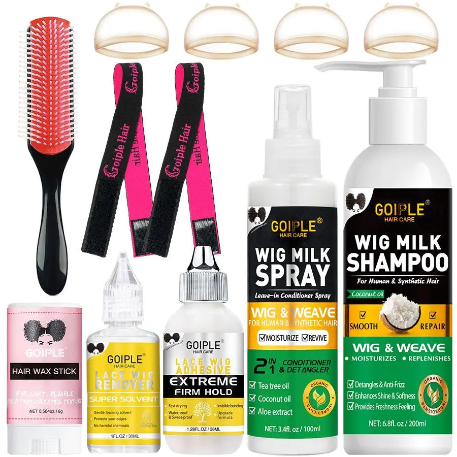 Wig Care Solution Spray for Synthetic Hair with Wig Shampoo Smooth Conditioner Wax Stick Lace Wig Adhesive Remover Styling Tools