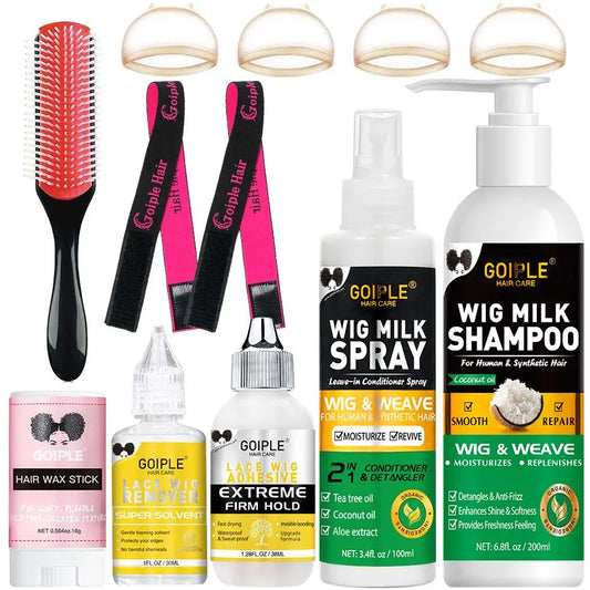 Wig Care Solution Spray for Synthetic Hair with Wig Shampoo Smooth Conditioner Wax Stick Lace Wig Adhesive Remover Styling Tools