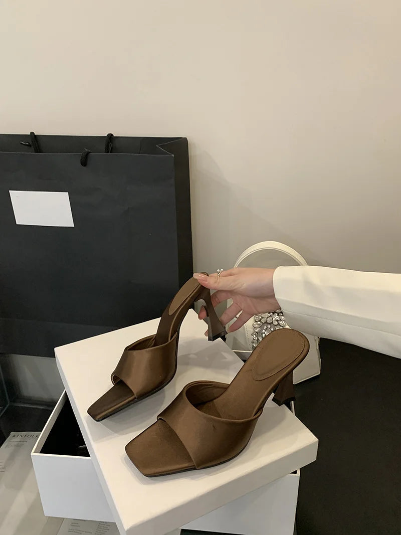 Liyke High Quality Cozy Silk Wide Square Toe Women Slippers Sandals Strange Heels Mules Slides Summer Party Dress Shoes Brown