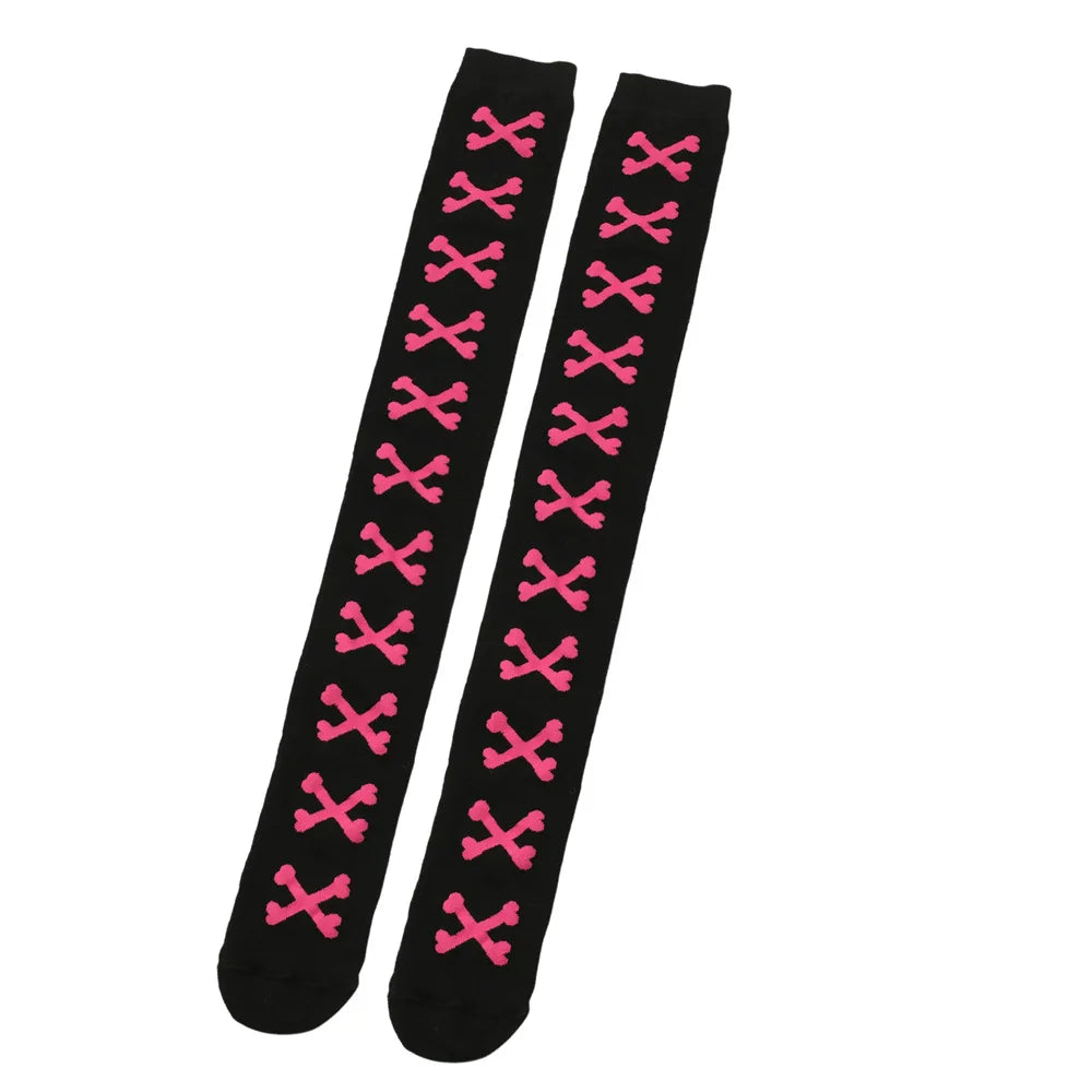 Womens Bone Thigh High Stockings Ladies Halloween Girls Black White Pink Long Over Above Knee Socks Tall Funny Cosplay Harajuku