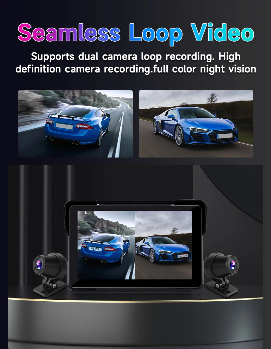 Vtopek 5"/7" inch Motorcycle DVR GPS Navigation Multimedia Player Wireless CarPlay Android Auto IPX7 Waterproof Screen Recorder