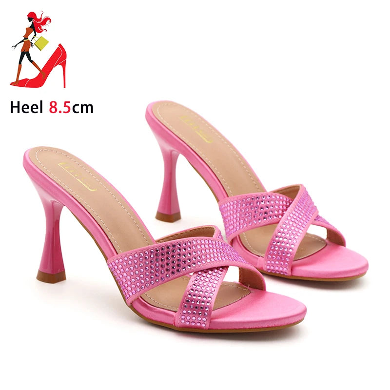 Rhinestone Slippers For Woman 2025 New Elegant Party Shoes Summer Thin High Heeled Slides Fashion Women Sandals Zapatos Mujer