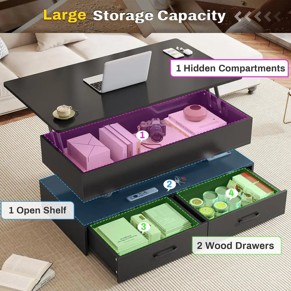 40in LED-Illuminated Coffee Table with Storage for Living Room, Compact with 2 Drawers, Black